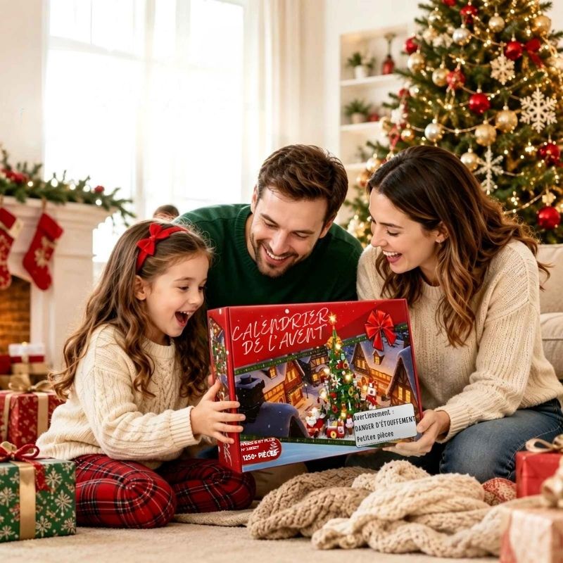 une fillette reçoit de ses parents un calendrier de l'avent Sapin avec guirlande lumineuse LED