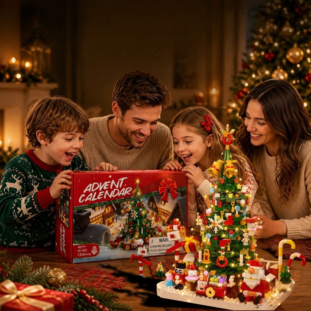 deux enfants et leurs parents font un calendrier de l'avent Sapin avec guirlande lumineuse LED