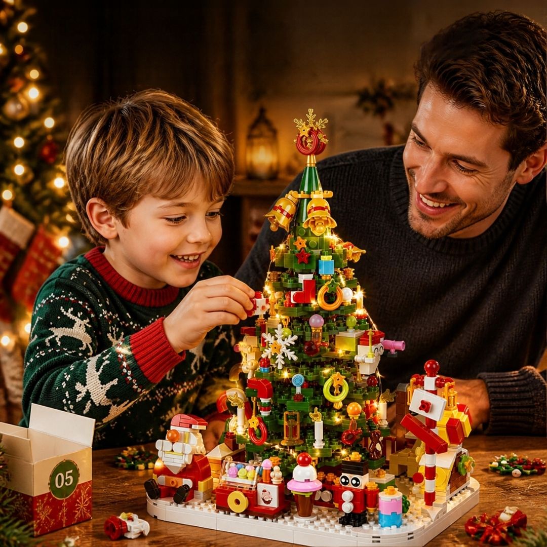 un gamin et son père avec un calendrier de l'avent Sapin avec guirlande lumineuse LED