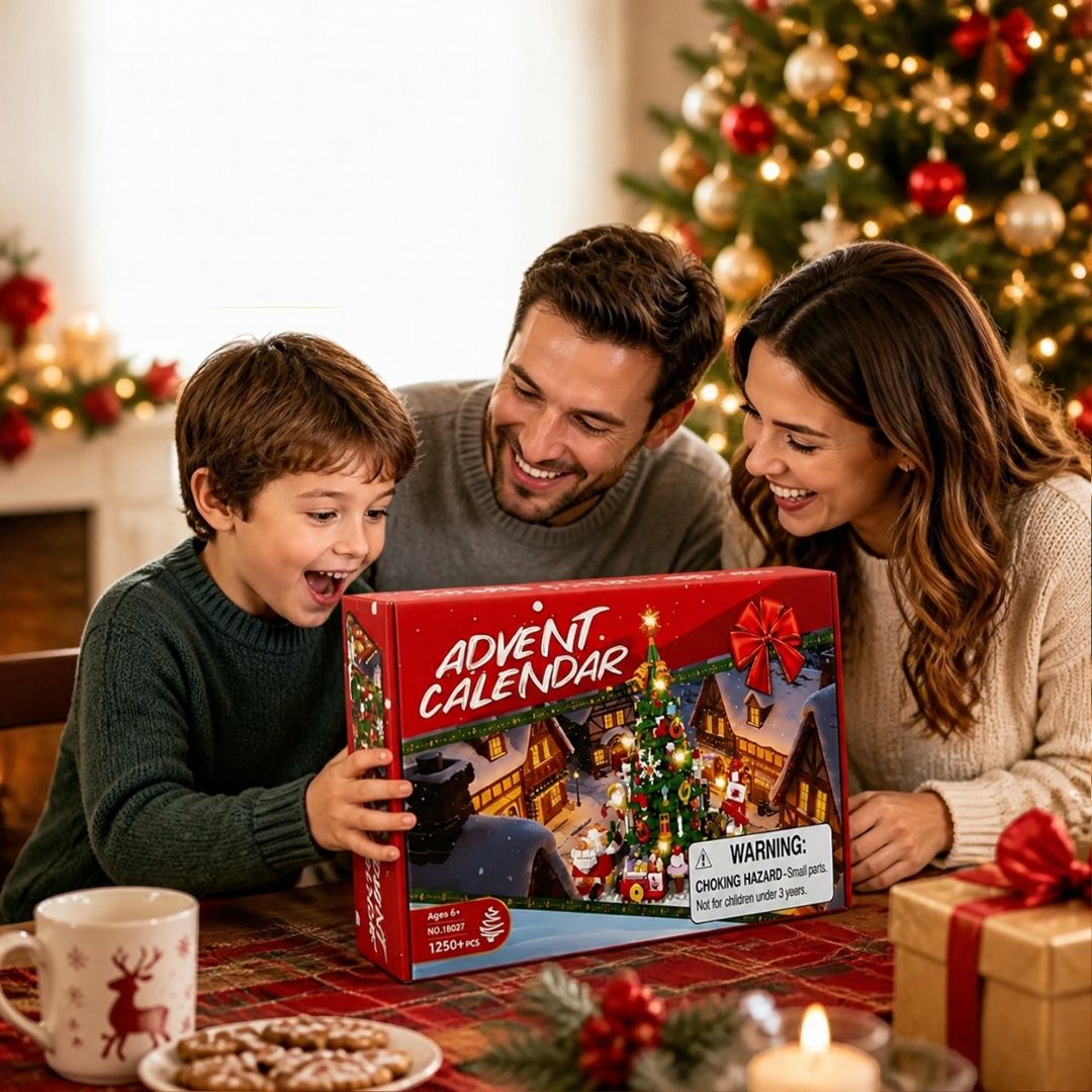 un garçon  reçoit de ses parents un calendrier de l'avent Sapin avec guirlande lumineuse LED