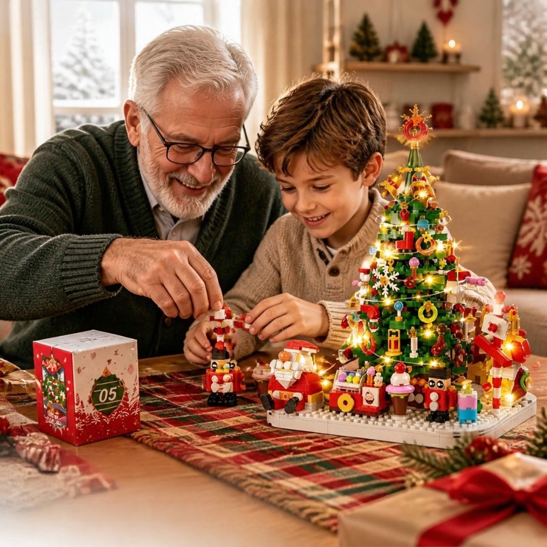 grand-père et son petit fils fabrique le calendrier de l'avent Sapin avec guirlande lumineuse LED