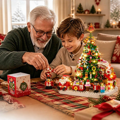 grand-père et son petit fils fabrique le calendrier de l'avent Sapin avec guirlande lumineuse LED