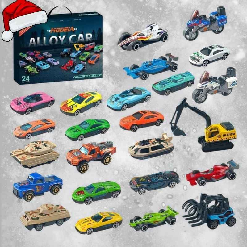boite de calendrier de l'avent enfant contenant 24 petites voitures jouets miniatures pour le décompte d'avant Noël