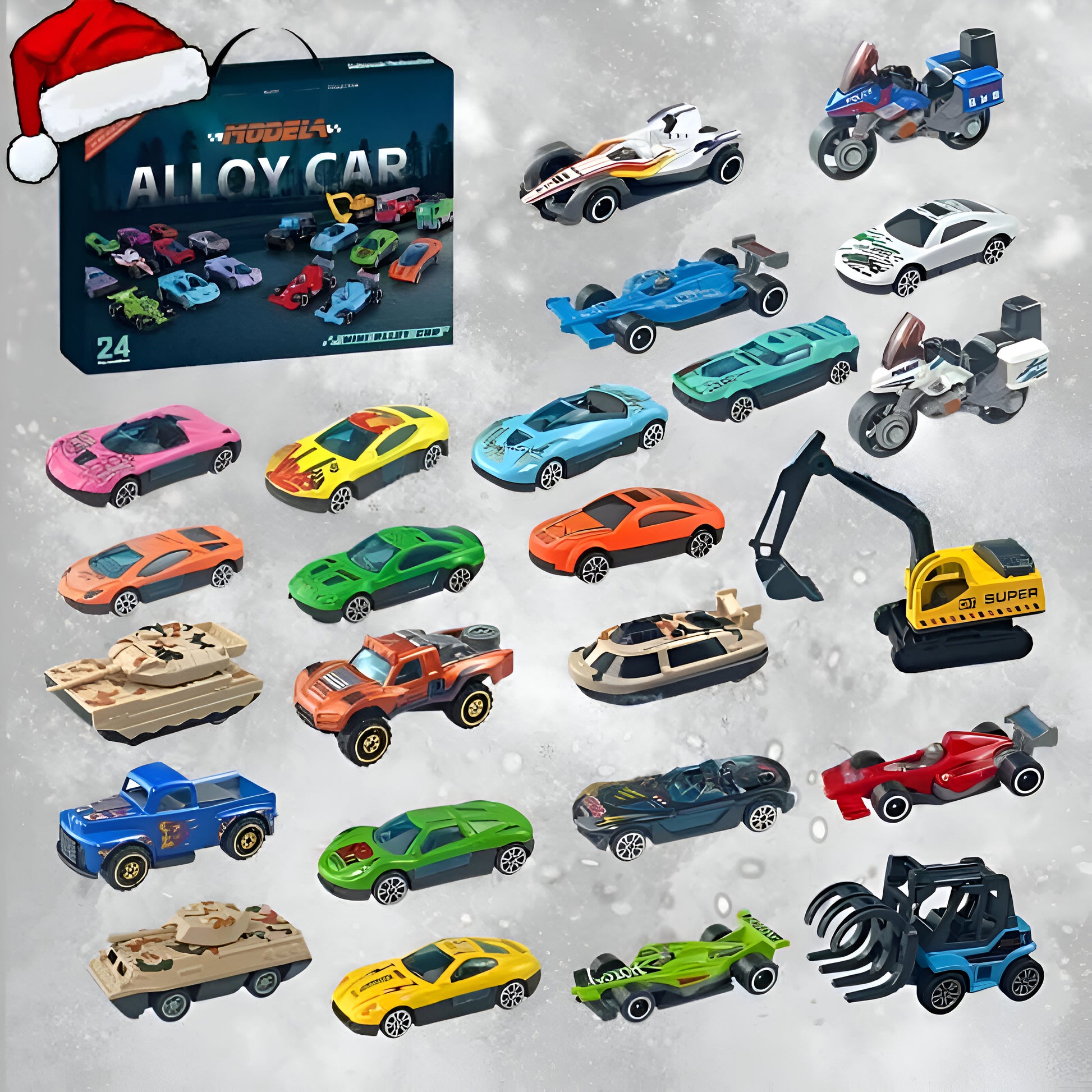 boite de calendrier de l'avent enfant contenant 24 petites voitures jouets miniatures pour le décompte d'avant Noël