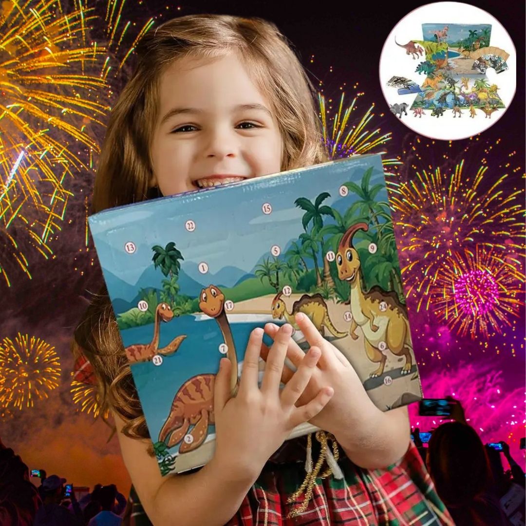 jeune fille heureuse tient dans ses mains son nouveau calendrier de l'avent enfant petit dinosaure