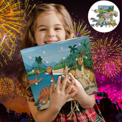 jeune fille heureuse tient dans ses mains son nouveau calendrier de l'avent enfant petit dinosaure