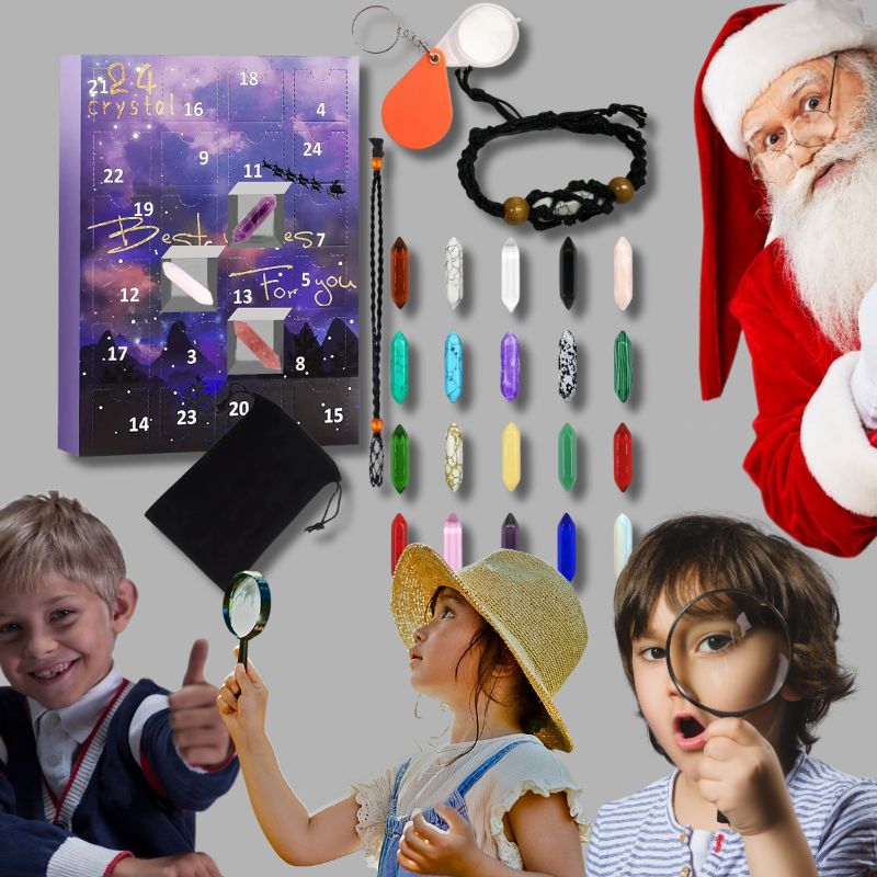 3 enfant très heureux de recevoir le nouveau calendrier de l'avent avec pierre précieuse bien taillée pour porter en bracelet et resentir les bienfaits de chaque pierre