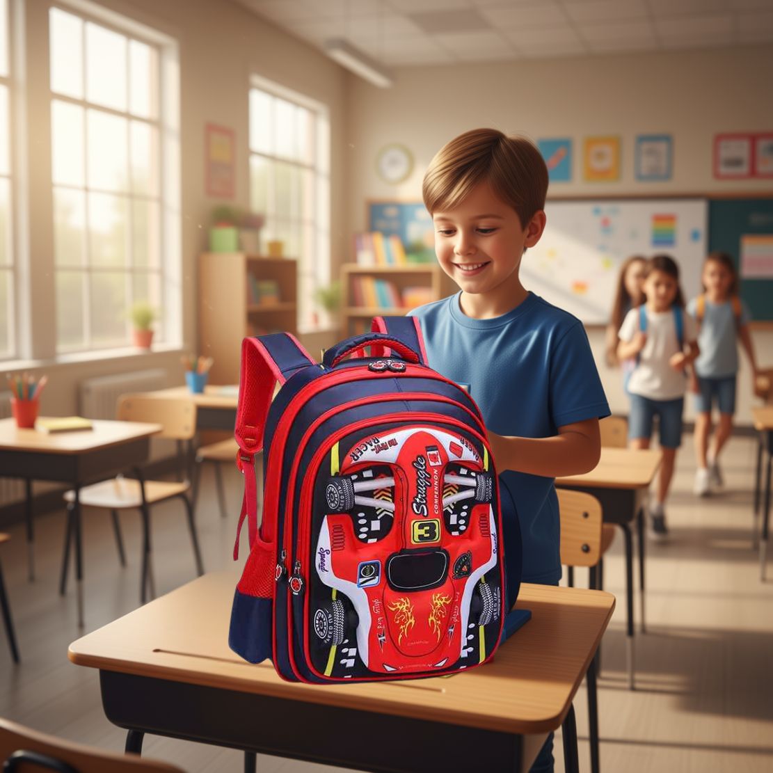 cartable cp garçon bolide de course automobile 3D  rouge et bleu version grande pour 8+ans