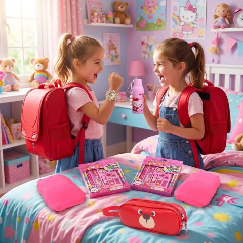 2 amies de 7 ans avec leurs cartable enfant identique rouge et tous leurs cadeaux offerts hello kitty