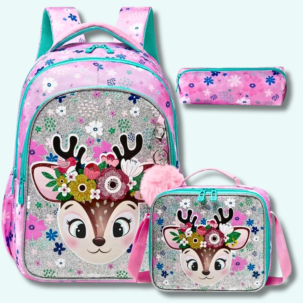  cartable fille CP grand et solide inclus sa trousse et sa boite a dejeuner