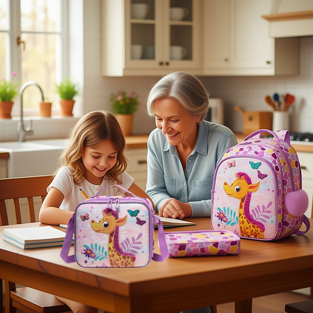  cartable fille CP  modèle avec girafe à caresser anti stress contre anxiété scolaire doudouce™ la collection anti stress de sac à dos.