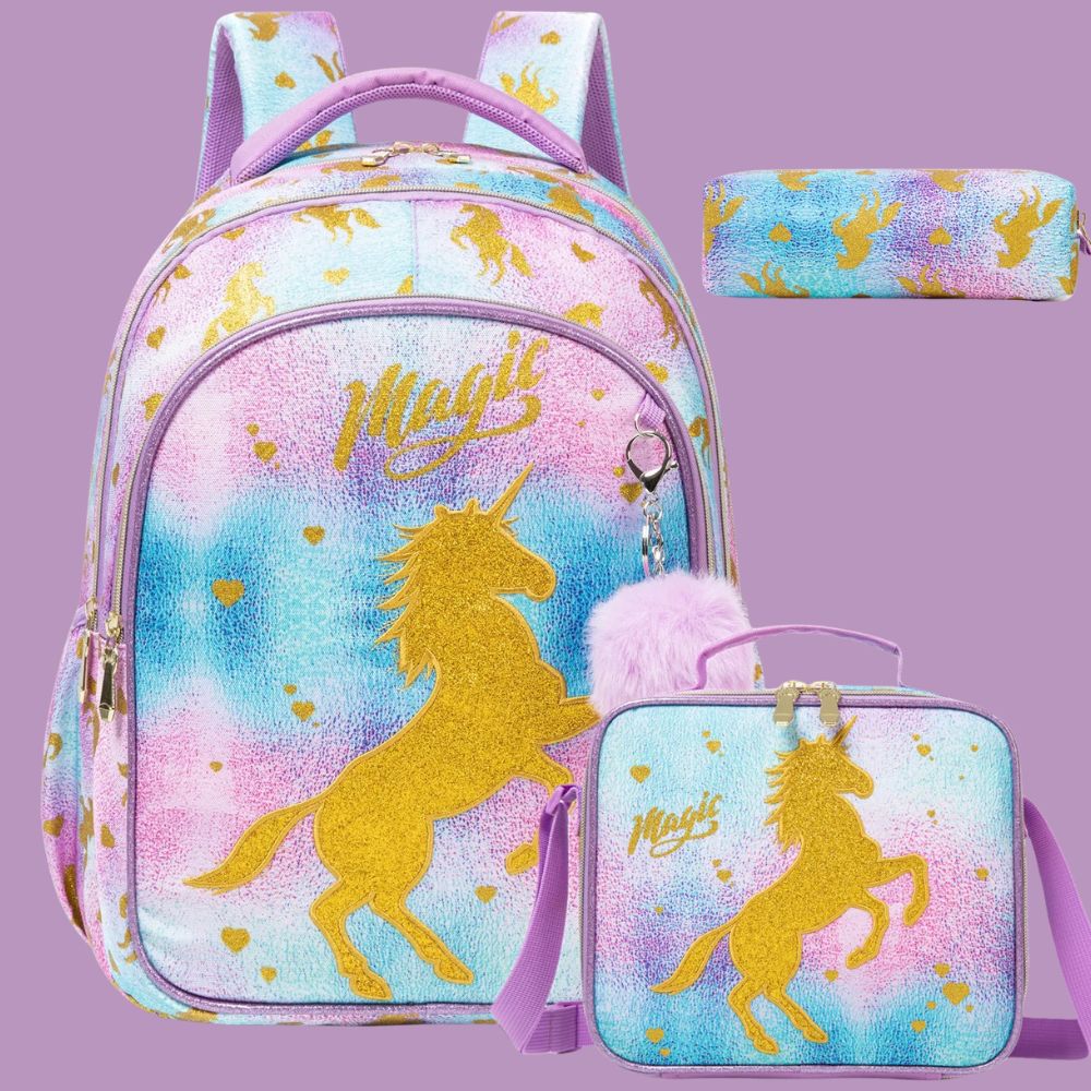  cartable fille CP licorne doré avec sac à dos, trousse et boite a dejeuner