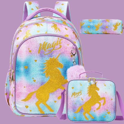  cartable fille CP licorne doré avec sac à dos, trousse et boite a dejeuner