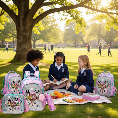  cartable fille CP avec trousse et boite a déjeuner modèle faon fleuri Bambi mignon