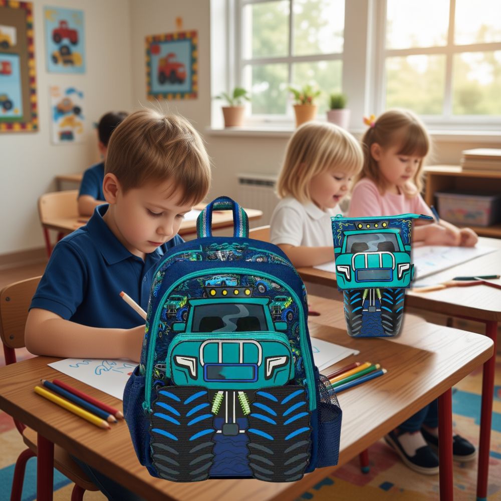 cartable maternel garcon 2 morceaux: Trousse  extensible super Truck et son sac à dos garçon de maternelle 5 ans