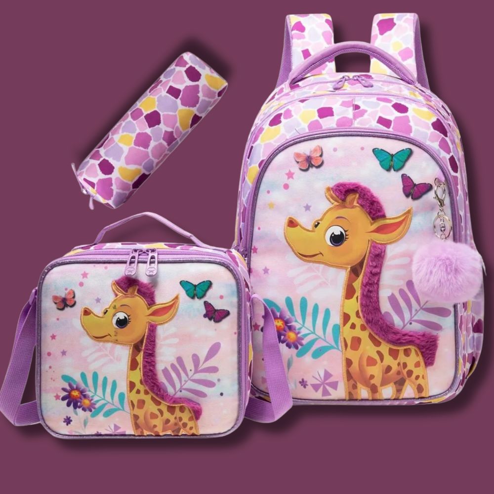  cartable fille CP la girafe anti stress 3 orceaux trousse, boite a dejeuner et le magnifique sac à dos enfant