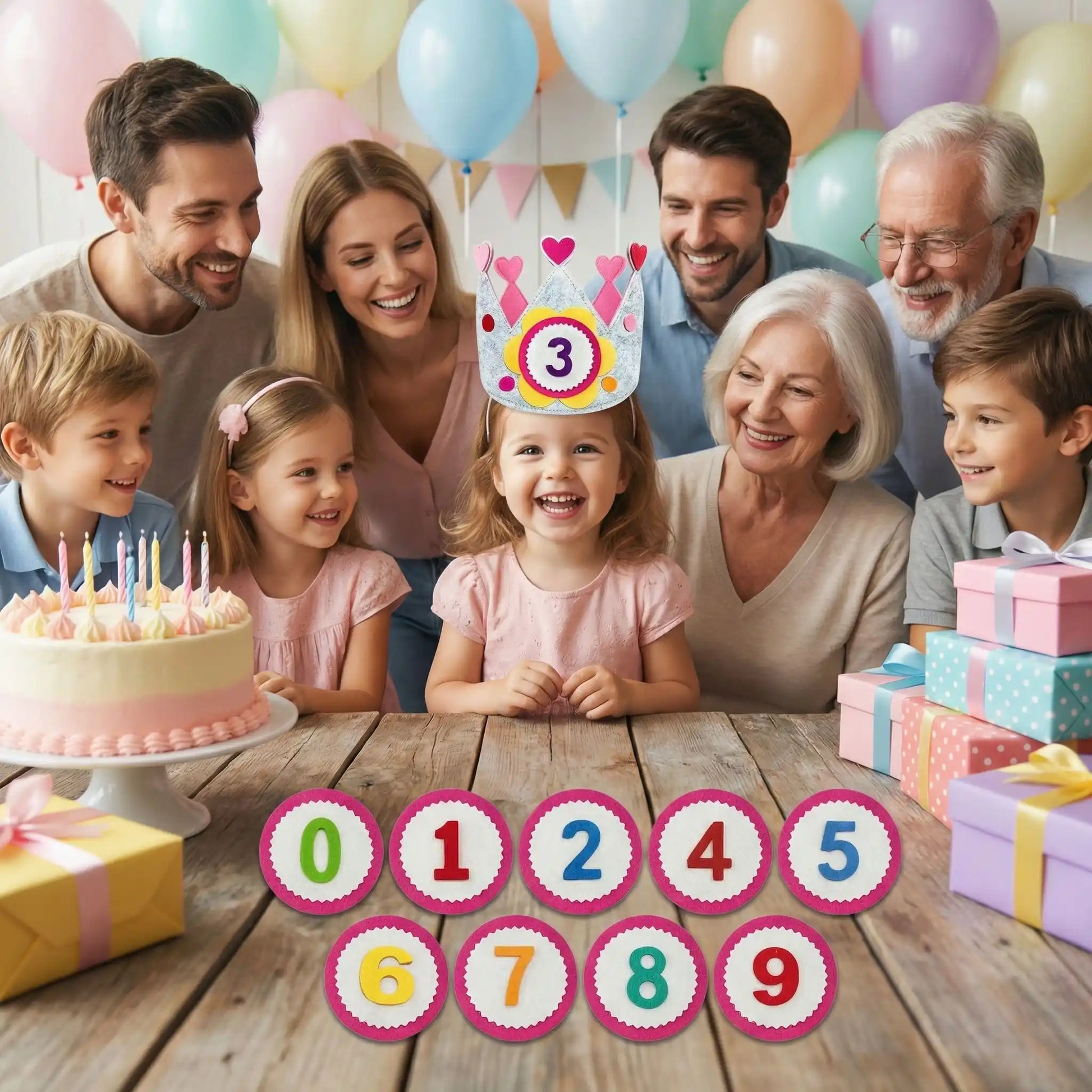 une fillette fête son 3ème anniversaire avec son chapeau anniversaire évolutif