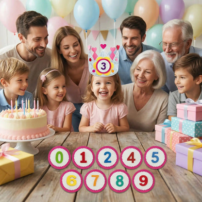 une fillette fête son 3ème anniversaire avec son chapeau anniversaire évolutif