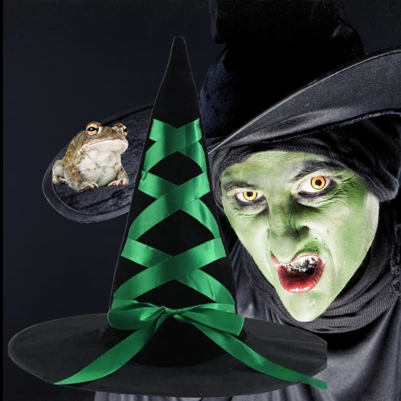 une vieille sorcière laide avec le visage vert regarde un chapeau de sorcière noir lac d'un ruban vert