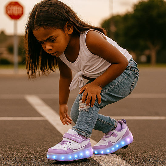 une fille avec ses chaussurea roulette observe et explore son environnement