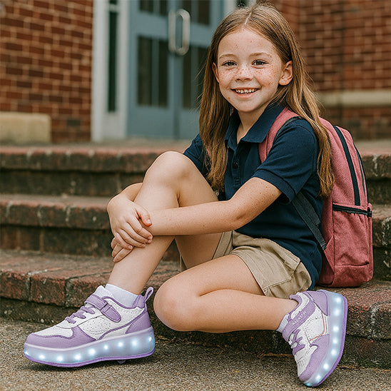fulle sort de lécole avec sa paire de chaussure a roulette lumineuse