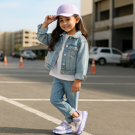 fille à la mode avec ses chaussure a roulette à Led multicolore