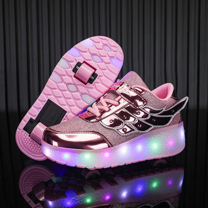 chaussure a roulettes rose brillante et lumineuses