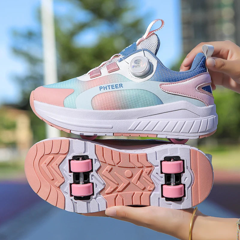 chaussure à roulette rose pâle double  roulement de bonne qualité  sécuritaire