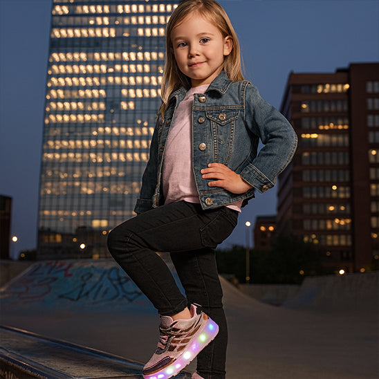 fillette fière de montrer sa chaussure a roulette rose brillante avec Led coloré