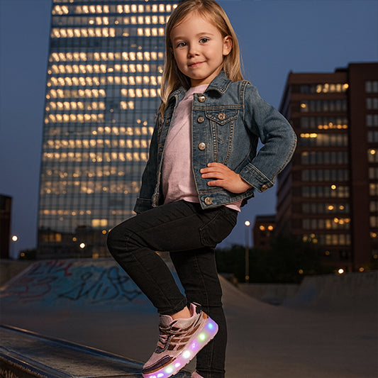 fillette fière de montrer sa chaussure a roulette rose brillante avec Led coloré