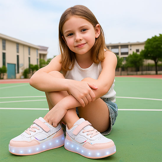 fille avec chaussure a roulette rose et blanche