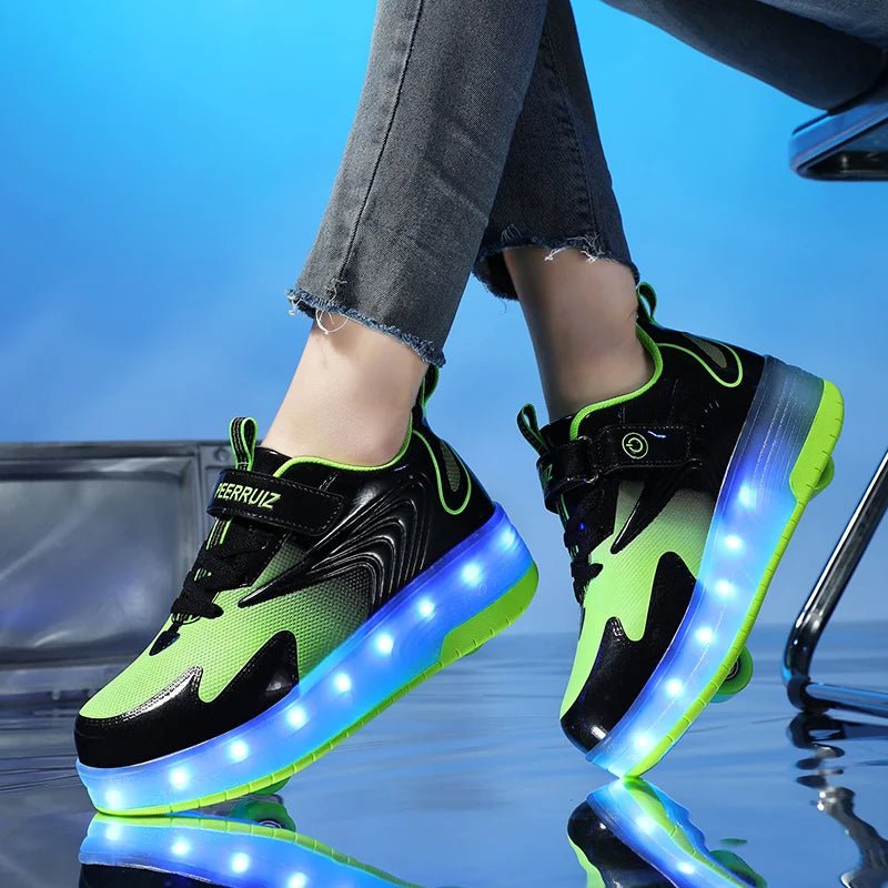 Chaussure  à Roulettes verte et noire avec lumière Led aux couleurs changeantes