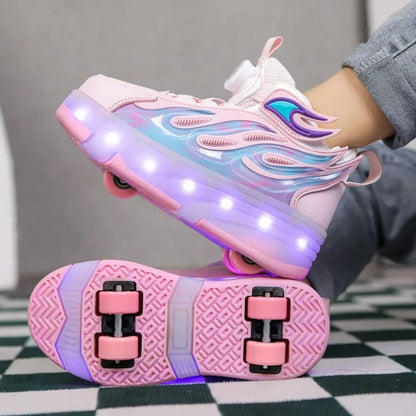 chaussures à  roulettes rose avec 4 roues pour un équilibre facile et un roulement sans accroc