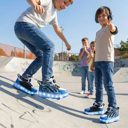 chaussures à  roulettes bleues et noires avec des designe de flammesans lacet, sécuritaire 100%