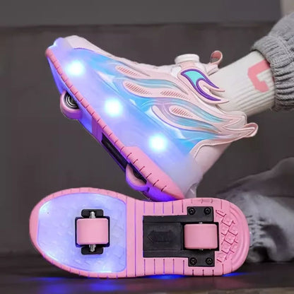chaussures à  roulettes roses gomme balloune pour les filles  avec 2 roues qui se retirent facilement pour la marche
