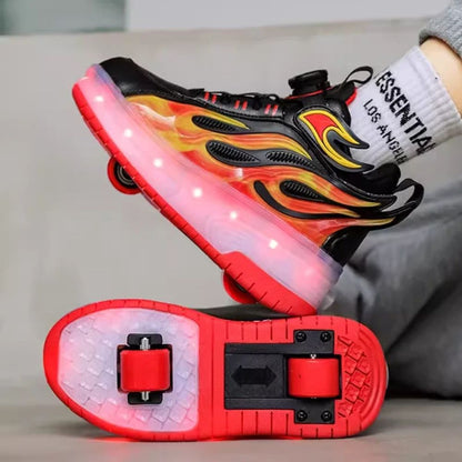 chaussures à  roulettes avec LED 2 roues couleur oir et flammes orange de feu