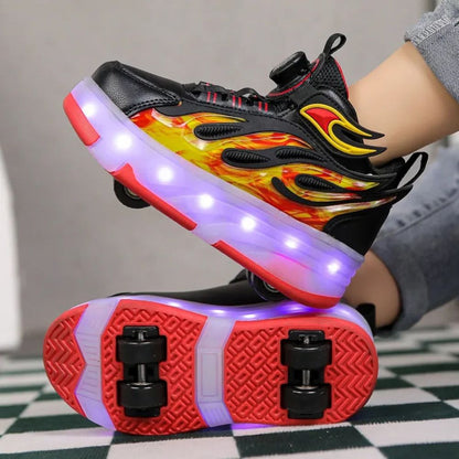 chaussures à  roulettes noires avec design de flamme de feu et LED
