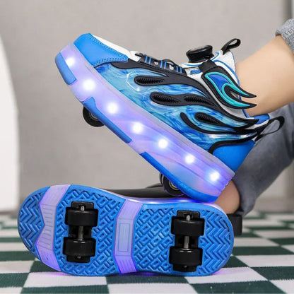 chaussures à  roulettes bleue option 4 roues pour un équil;ibre plus stable au début.