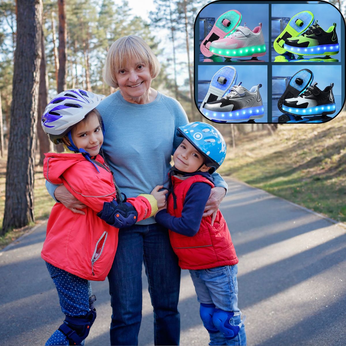 Les enfant en chaussure à roulettes avec led en sécurité et heureux