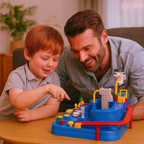 un père joue avec son fils au circuit voiture enfant 3ans modèle le centre ville bleu avec plusieurs possibilité de scénario de jeu, un réussite vers le bonheur
