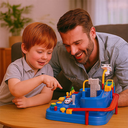 un père joue avec son fils au circuit voiture enfant 3ans modèle le centre ville bleu avec plusieurs possibilité de scénario de jeu, un réussite vers le bonheur