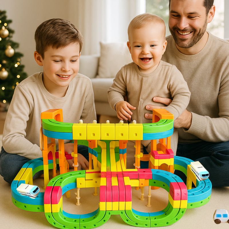 amusez-vous avec le circuit voiture enfant du jeu STEM rempli de blocs colorés aux fonctions multipliples du plaisir à revendre