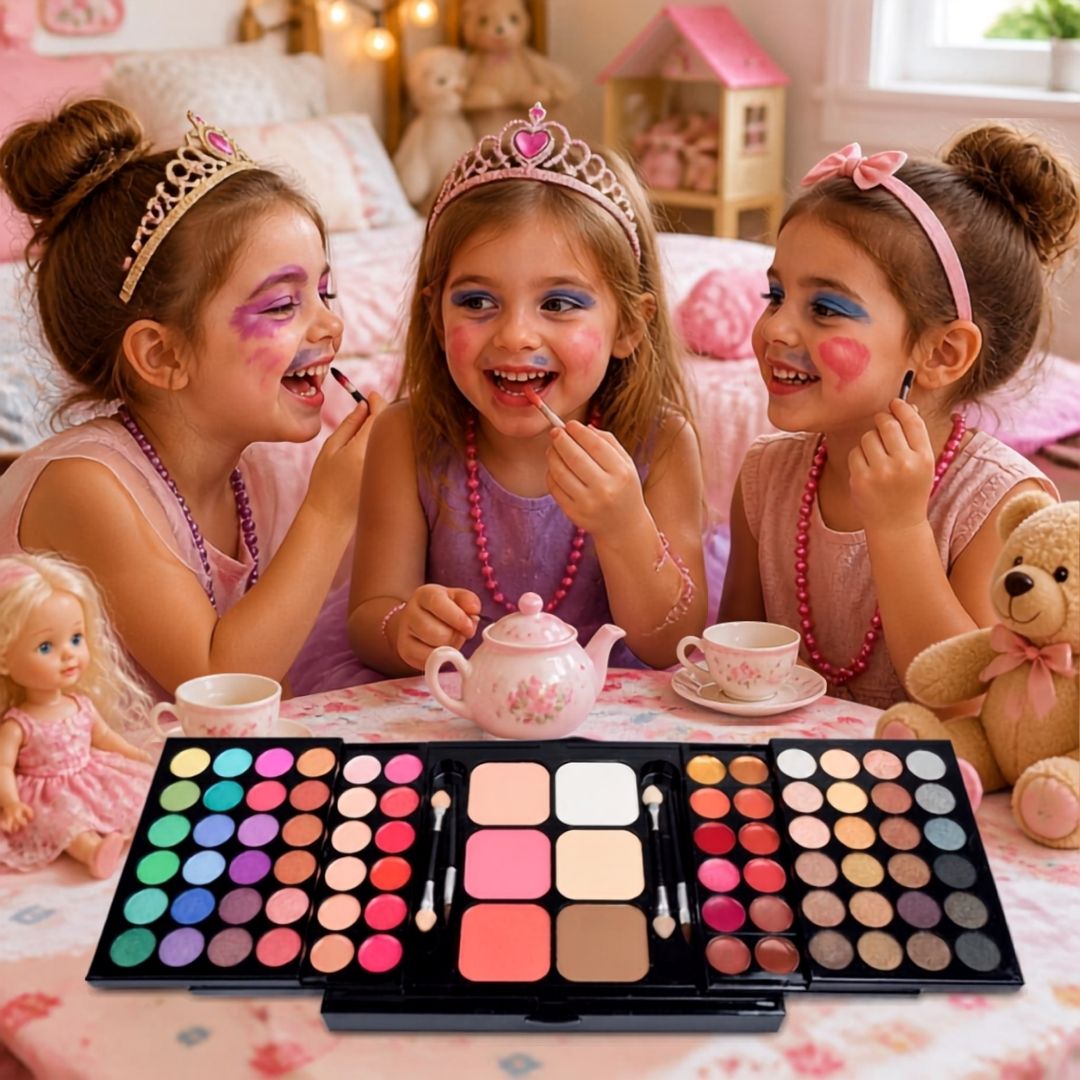 3 fillettes déguisées en princesses se maquillent avec les couleurs du coffret maquillage qu'elles ont reçu à Noël