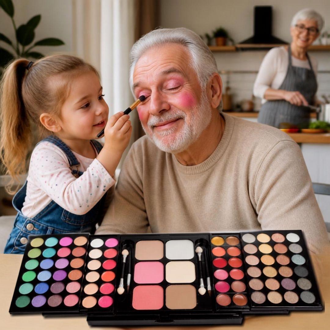 une gamine joue à maquiller son papy avec son nouveau coffret à maquillage