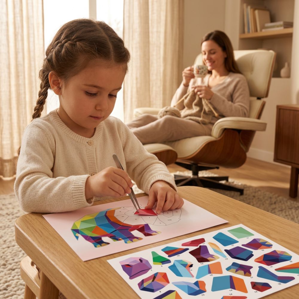 une fillette entrain de faire son bricolage par numero colle un sticker de puzzle et réalise un collage parfait