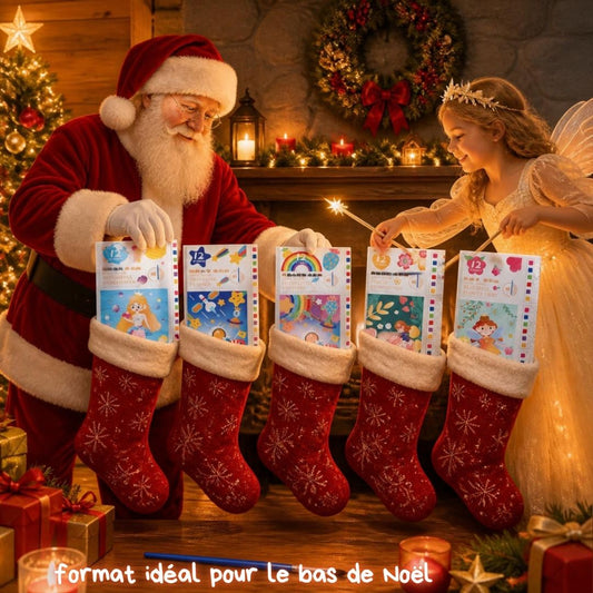 père Noël et la fée des étoiles entrain de remplir les bas de Noël avec  des coloriage enfants