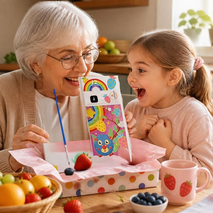 grand-mère reçoit sa petite fille avec une surprise  un livret de coloriage enfants