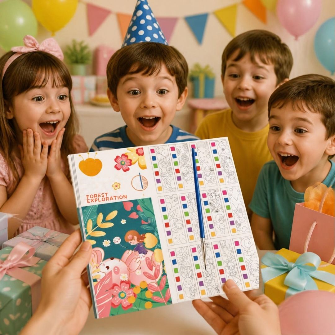 4 enfants invités à une fête reçoivent avec joie la suprise pour invités le cahier de  coloriage enfants