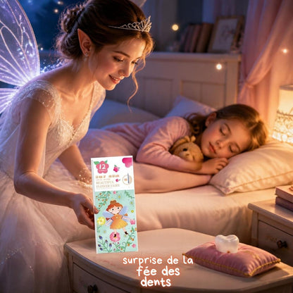 la fée des dents entrain de remplacer la dent de lait de l'enfant avec son livret de  coloriage enfants thématique sur les fées.