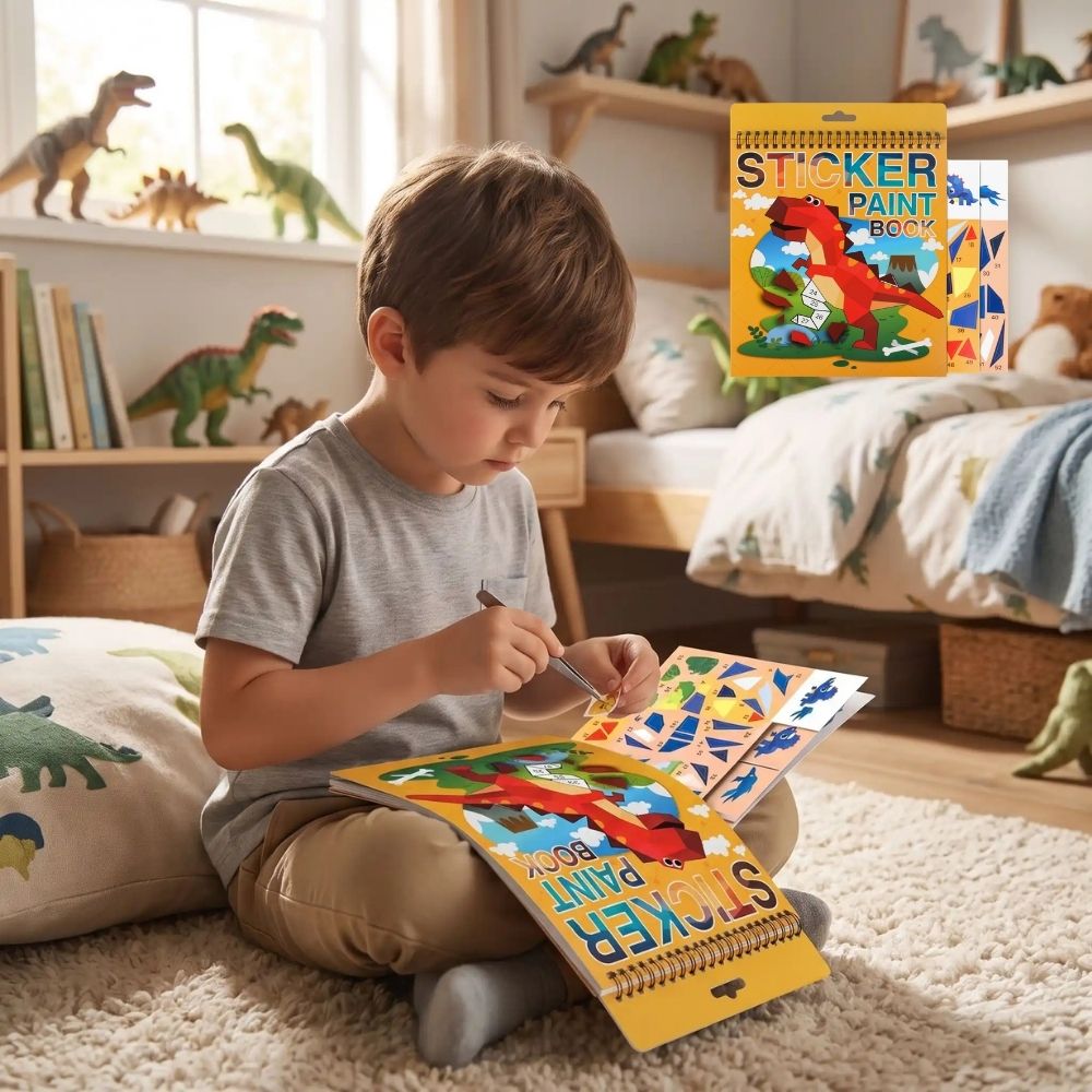 coloriage magique maternelle  dinosaures collage de stickers numérotés créer et apprendre à compter.